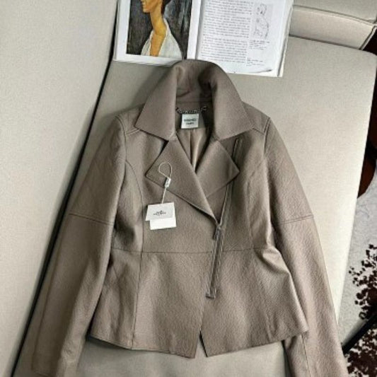 Hermes taupe asymmetrical zip jacket with wide, notched lapels, a cropped fit