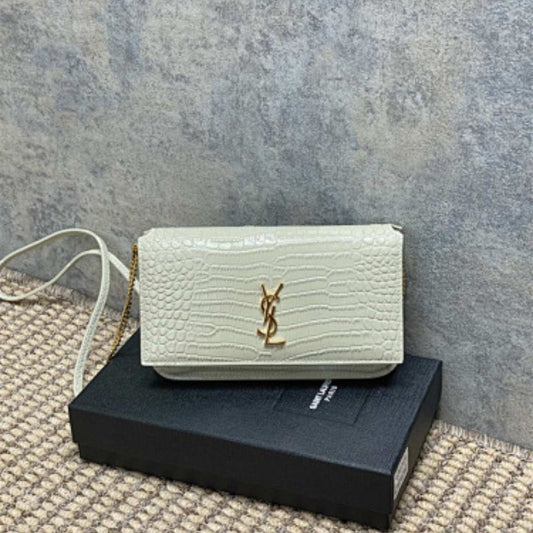 Saint Laurent Cassandre Phone Holder in Shiny Crocodile-Embossed Leather.