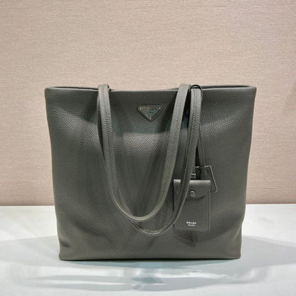 Prada Large Pebbled Leather Tote Bag in clay grey.