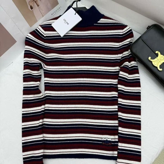 Celine Turtleneck Top in Striped Ribbed Wool