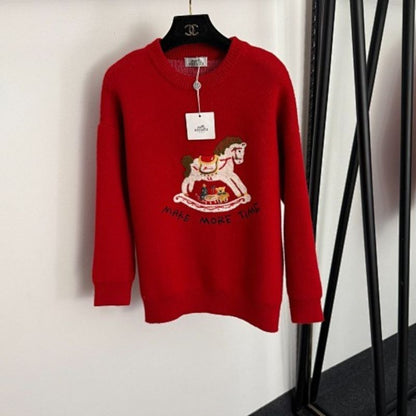 Hermès  red knit sweater featuring a white horse graphic