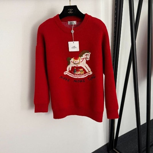 Hermès  red knit sweater featuring a white horse graphic