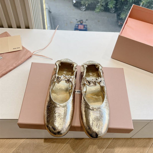Miu Miu Gold Ruches Nappa Leather Ballerinas (ballet flats)