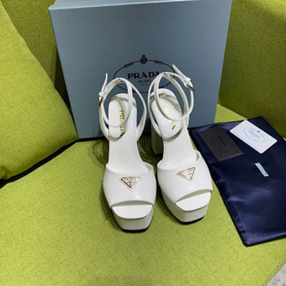 Prada Leather Platform Sandals in a crisp optic white ("Bianco") colorway.