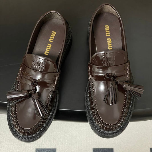 Miu Miu Polished Leather Tassel Loafers,