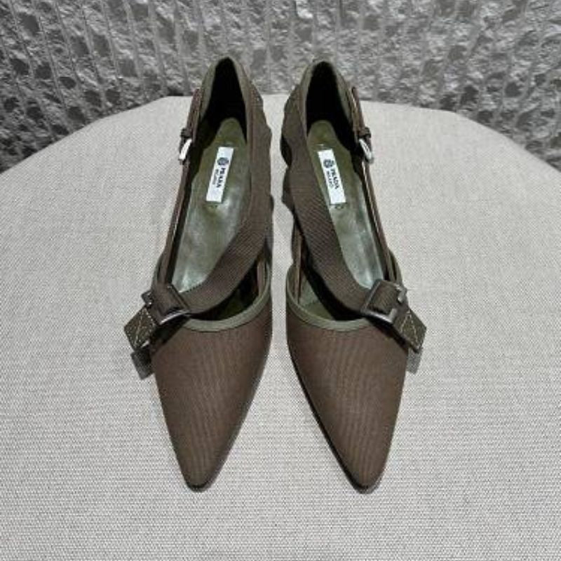 Prada Asymmetric Canvas Strap Buckle Pumps in an olive/military green