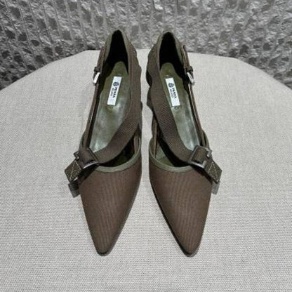 Prada Asymmetric Canvas Strap Buckle Pumps in an olive/military green