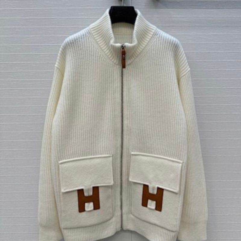 Hermès zip-up knit jacket/cardigan "H" logo on the patch pockets