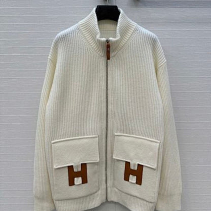 Hermès zip-up knit jacket/cardigan "H" logo on the patch pockets