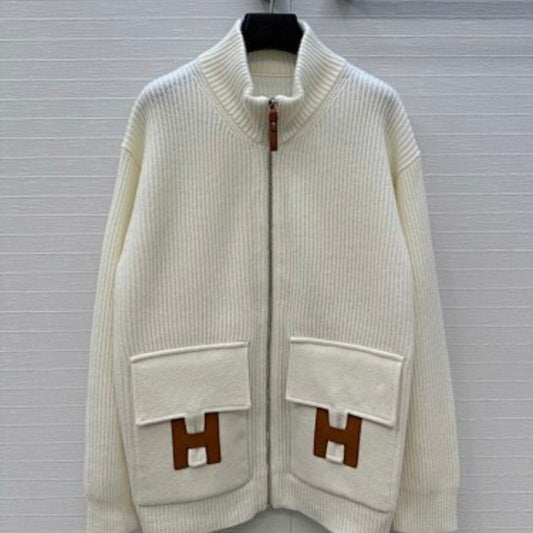 Hermès zip-up knit jacket/cardigan "H" logo on the patch pockets