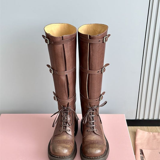 Miu Miu Tall Leather Boots with Straps and Buckles.