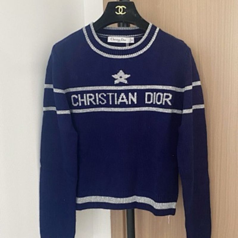 Christian Dior short-sleeved  navy blue sweater with white/silver stripes