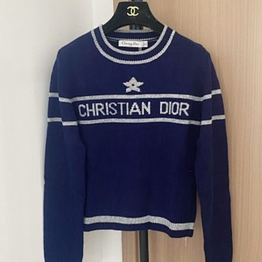 Christian Dior short-sleeved  navy blue sweater with white/silver stripes