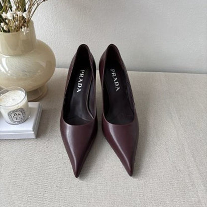 Prada 85mm Pointed-Toe Leather Pumps in a rich burgundy