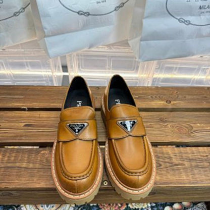Prada Chocolate Brushed Leather Loafers in a rich cognac brown