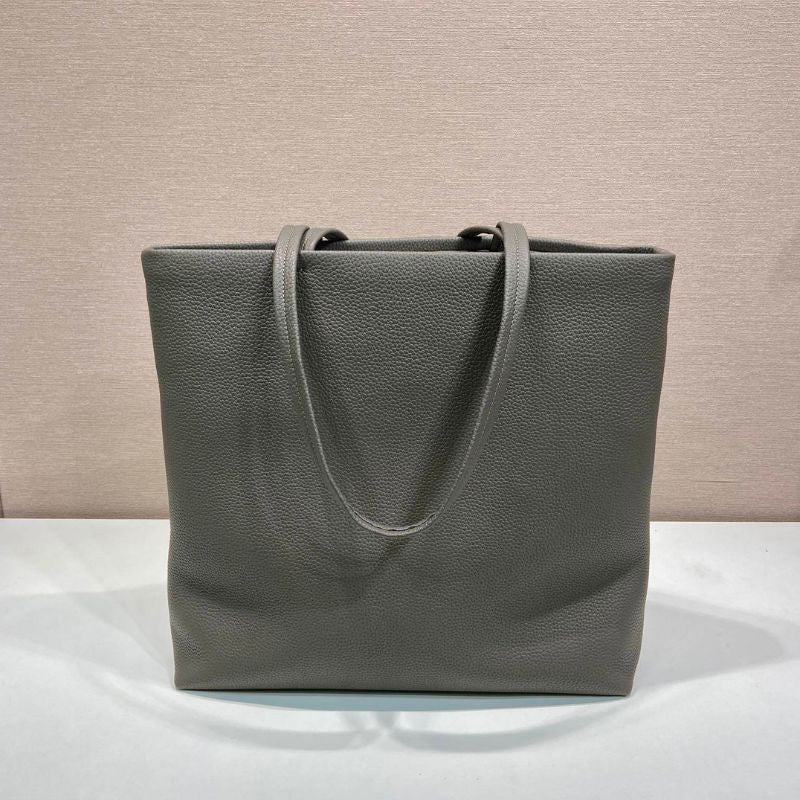 Prada Large Pebbled Leather Tote Bag in clay grey.