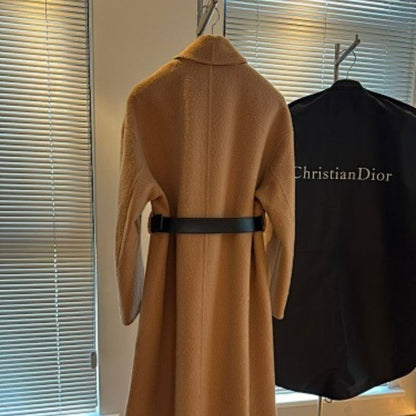 Christian Dior camel wrap coat with a black belt