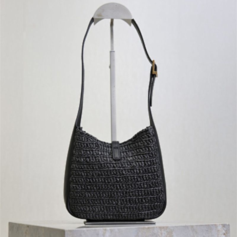 Saint Laurent Le 5 à 7 Soft Hobo bag in black crocheted raffia.