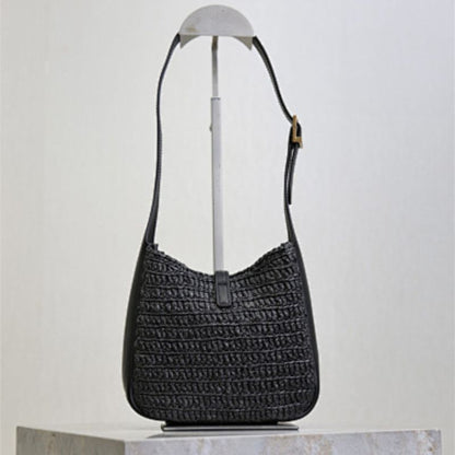 Saint Laurent Le 5 à 7 Soft Hobo bag in black crocheted raffia.