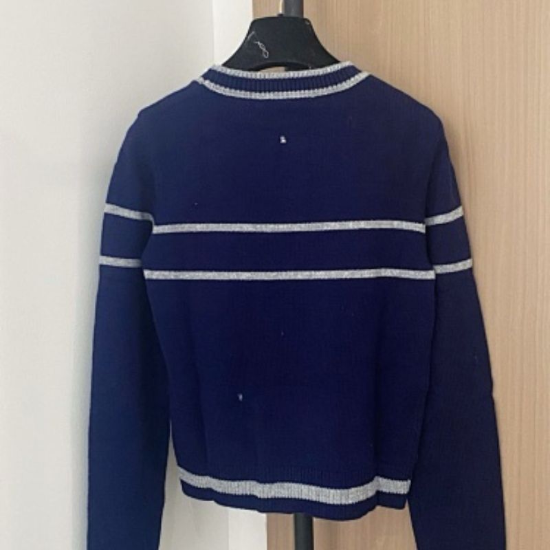 Christian Dior short-sleeved  navy blue sweater with white/silver stripes