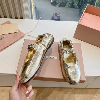 Miu Miu Gold Ruches Nappa Leather Ballerinas (ballet flats)
