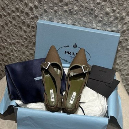 Prada Asymmetric Canvas Strap Buckle Pumps in an olive/military green