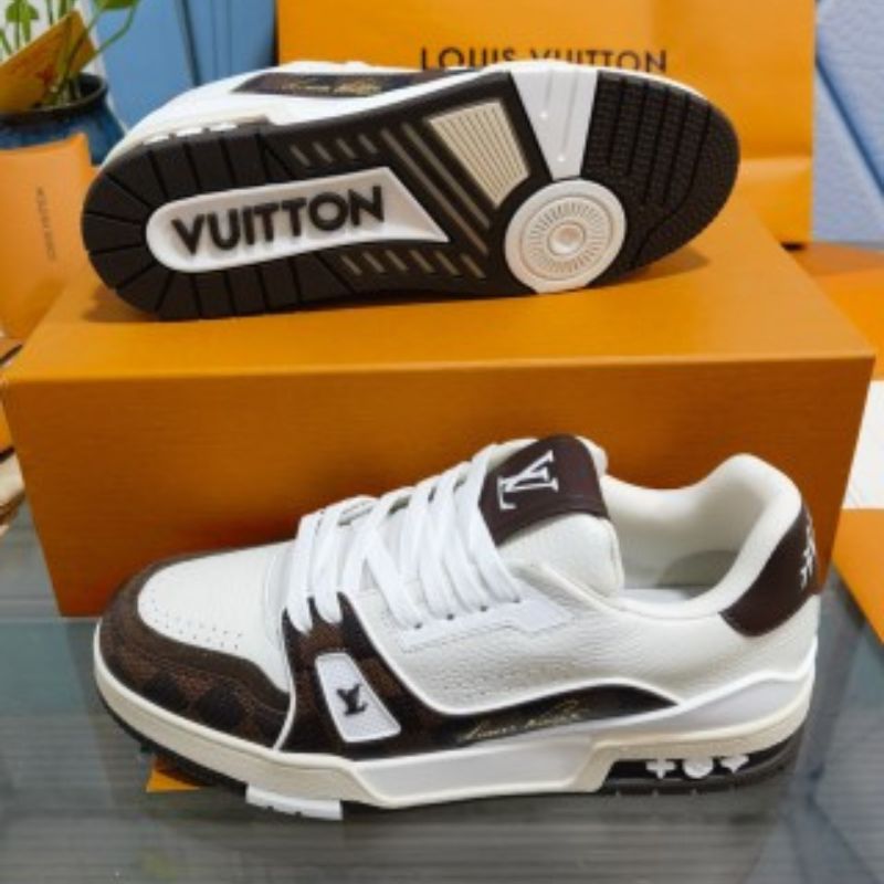 Louis Vuitton LV Trainer Sneaker in the "Mocha Brown" colorway.