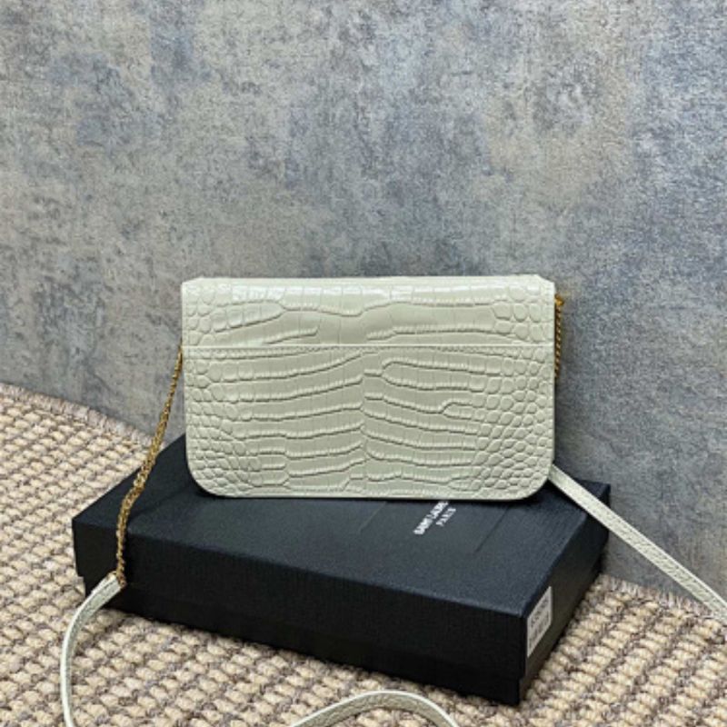 Saint Laurent Cassandre Phone Holder in Shiny Crocodile-Embossed Leather.