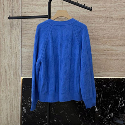 Hermès blue V-neck cable-knit cardigan