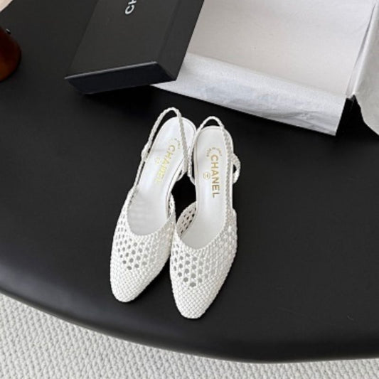 Chanel White Braided Leather Slingback Pumps,