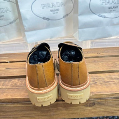 Prada Chocolate Brushed Leather Loafers in a rich cognac brown