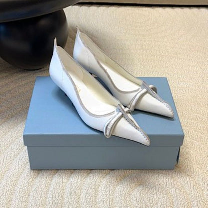 Prada Antiqued Leather Pointed-Toe Flats in the white and tan ("Bianco + Cuoio") colorway.