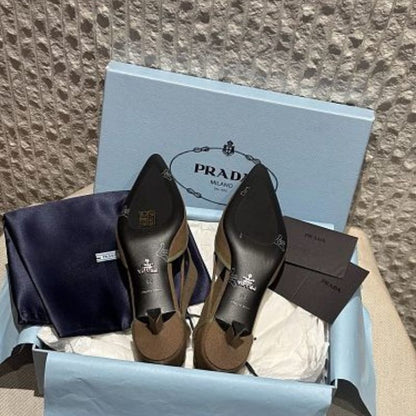 Prada Asymmetric Canvas Strap Buckle Pumps in an olive/military green