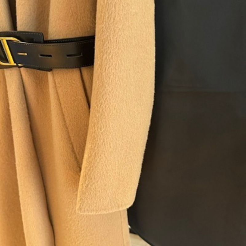 Christian Dior camel wrap coat with a black belt