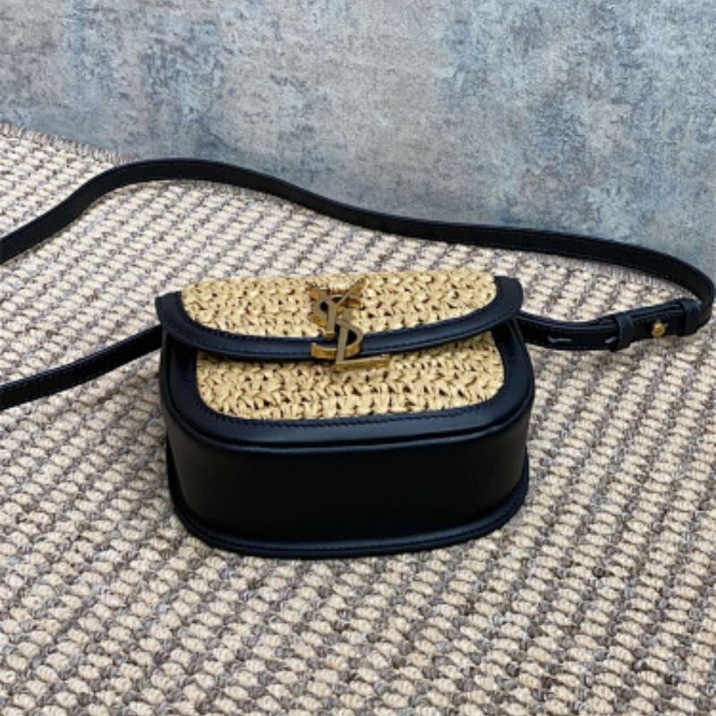 Saint Laurent Kaia Satchel in raffia and leather.