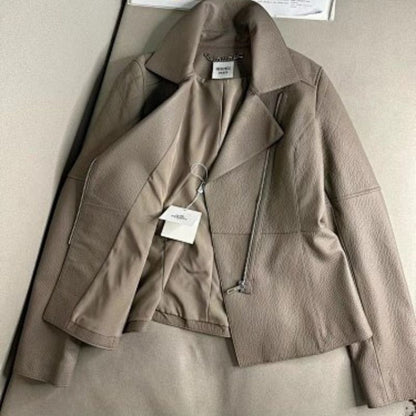 Hermes taupe asymmetrical zip jacket with wide, notched lapels, a cropped fit