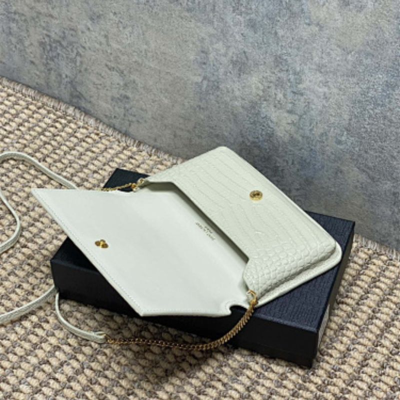 Saint Laurent Cassandre Phone Holder in Shiny Crocodile-Embossed Leather.