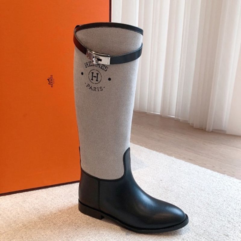 Hermès Jumping Boots in a mixed leather and H canvas (toile)
