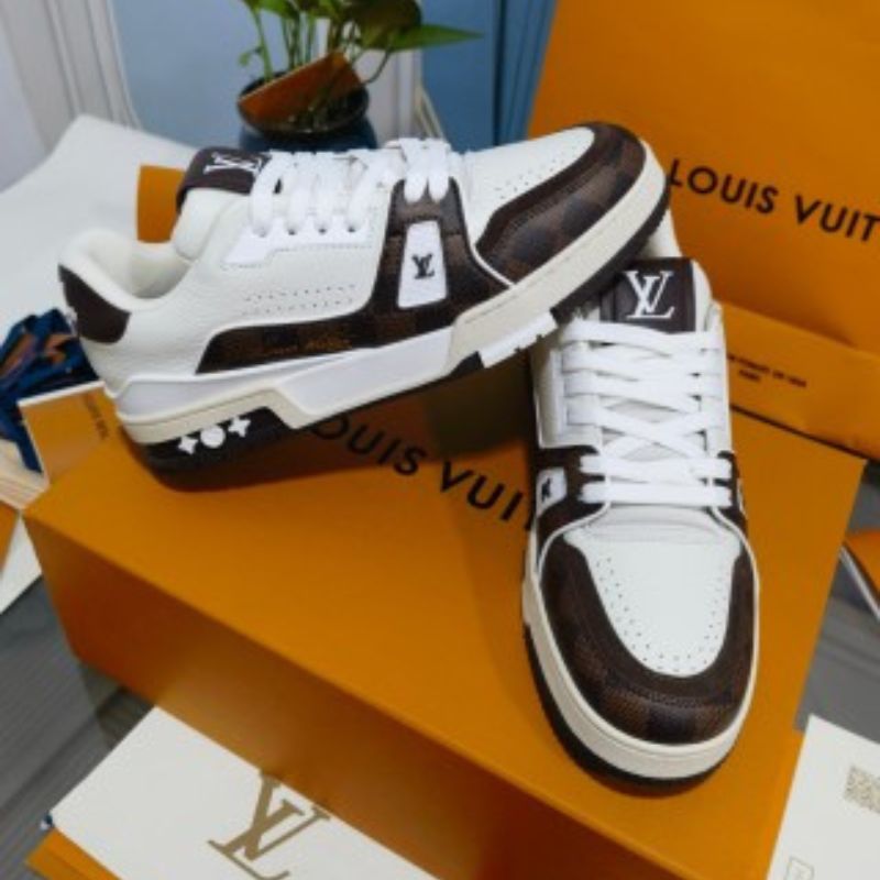 Louis Vuitton LV Trainer Sneaker in the "Mocha Brown" colorway.