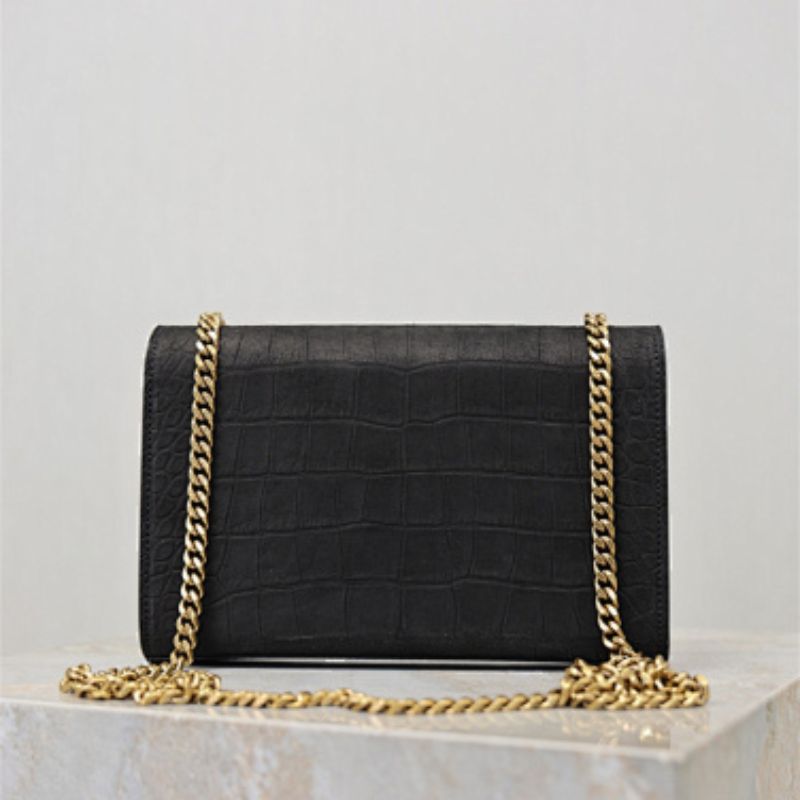 Saint Laurent Kate Shoulder Bag in black croc-embossed leather.