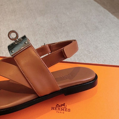 Hermès Empire Flat Sandals in gold (tan/caramel) calfskin