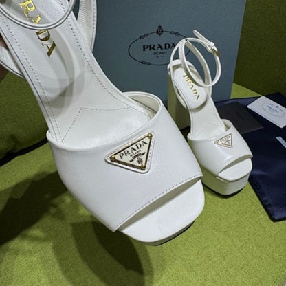 Prada Leather Platform Sandals in a crisp optic white ("Bianco") colorway.