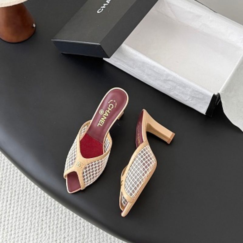 Chanel Mesh Open-Toe Mules in beige and burgundy.