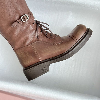 Miu Miu Tall Leather Boots with Straps and Buckles.