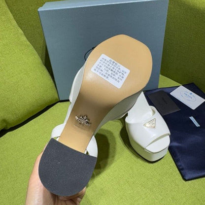 Prada Leather Platform Sandals in a crisp optic white ("Bianco") colorway.