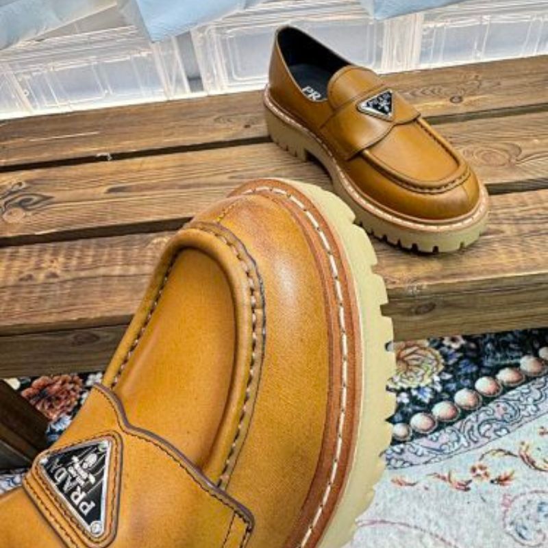 Prada Chocolate Brushed Leather Loafers in a rich cognac brown