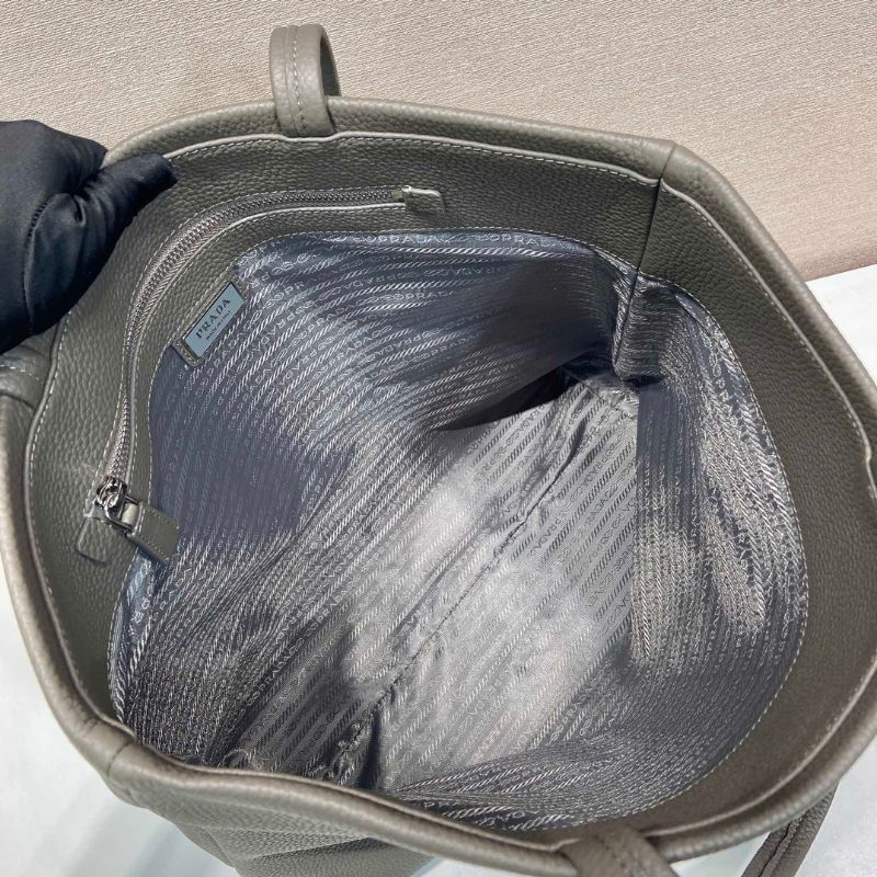 Prada Large Pebbled Leather Tote Bag in clay grey.