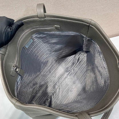 Prada Large Pebbled Leather Tote Bag in clay grey.