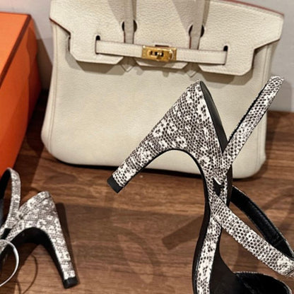 Hermès Lipstick 85 Sandals in a luxurious black and white lizard-embossed leather