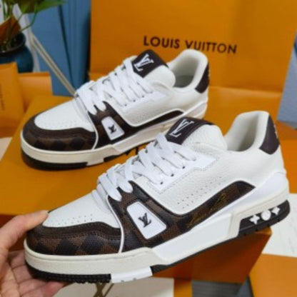 Louis Vuitton LV Trainer Sneaker in the "Mocha Brown" colorway.